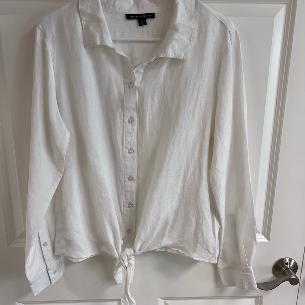 Boston Proper Linen Blend White Button-Down Shirt - Picture 3 of 7